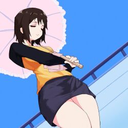  1girl black_shirt black_skirt blue_skirt bob_cut breasts brown_hair closed_eyes closed_mouth commentary day dutch_angle expressionless eyelashes from_below hair_between_eyes highres holding holding_paper holding_umbrella jaggy_lines medium_breasts miniskirt nakahara_misaki neetwitz nhk_ni_youkoso! oekaki outdoors paper pencil_skirt pink_umbrella raglan_sleeves railing shirt short_hair skirt solo standing thighs two-tone_shirt umbrella yellow_shirt 