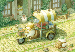  animal arms_up baby_animal backpack bag basket bear bird black_eyes blue_hat blush bow bowtie chick chicken clothed_animal commentary_request day door doorway duck flower green_hat hat helmet looking_at_another motor_vehicle no_humans original outdoors painting_(medium) plant red_bow red_bowtie road scenery sett slice_of_life st.kuma sun_hat three-wheeler town traditional_media watercolor_(medium) window yellow_hat 