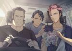  3boys ^_^ absurdres black_hair black_shirt blue_shirt brothers brown_eyes brown_hair car_interior closed_eyes collarbone collared_shirt driving father_and_son grey_shirt guel_jeturk gundam gundam_suisei_no_majo highres holding holding_magazine lauda_neill low_ponytail magazine_(object) male_focus medium_hair multicolored_hair multiple_boys open_mouth pink_hair pohjola shirt siblings smile steering_wheel two-tone_hair vehicle_interior vim_jeturk 