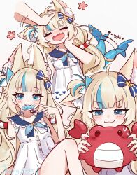  1girl aeryarts ahoge animal_ear_fluff animal_ears blonde_hair blue_bow blue_hair blush bow cat_ears closed_eyes closed_mouth commentary dress english_commentary fang fins fish_girl fish_tail hair_bow headpat highres indie_virtual_youtuber kaniki_(sameko_saba) long_hair looking_at_viewer multiple_views one_side_up sameko_saba sameko_saba_(1st_costume) sameko_saba_(fish) skin_fang sleeveless sleeveless_dress smile tail tail_wagging very_long_hair virtual_youtuber white_dress 
