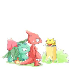  arms_at_sides bandana charmeleon claws commentary_request fire flame-tipped_tail highres ivysaur joltik kinakomochi_(kazuna922) no_humans open_mouth pokemon pokemon_(creature) proud red_bandana simple_background sweatdrop tail unamused white_background 