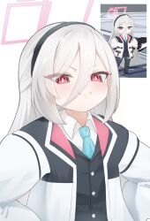  >:) 1girl absurdres black_hairband black_jacket blazer blue_archive blue_necktie blush bright_pupils buttons closed_mouth collared_shirt commentary_request double-parted_bangs doyagao game_screenshot_inset grey_halo hair_between_eyes hairband halo hands_on_own_hips highres jacket kei_(blue_archive) kei_(new_body)_(blue_archive) long_hair long_hair_between_eyes long_sleeves looking_at_viewer loosely_tucked_bangs necktie open_clothes open_jacket rectangular_halo red_eyes reference_inset ringed_eyes screenshot_inset shirt shizuki_eri simple_background smile smug solo split_mouth upper_body v-shaped_eyebrows white_background white_hair white_jacket white_pupils white_shirt wing_collar 
