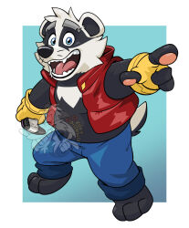  1boy badger_boy badger_ears badger_tail black_fur black_pants bradley_the_badger bradley_the_badger_(game) commentary controller english_commentary fangs fingerless_gloves furry furry_male gloves holding holding_controller looking_at_viewer male_focus multicolored_fur open_mouth pants red_vest smile vest watermark white_fur yellow_gloves zurdomon 