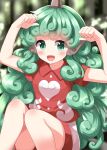  1girl blush cloud_print collared_shirt curly_hair fang feet_out_of_frame green_eyes green_hair highres horns kariyushi_shirt komano_aunn long_hair looking_at_viewer open_mouth red_shirt ruu_(tksymkw) shirt shorts single_horn smile solo touhou white_shorts 