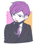  1boy black_eyes black_gloves black_jacket blush collared_shirt colored_skin commentary_request gloves grey_sweater jacket lobotomy_corporation long_sleeves male_focus medu_(rubish) necktie open_mouth project_moon purple_hair purple_necktie ribbed_sweater shirt short_hair solo sweater turtleneck turtleneck_sweater upper_body white_shirt white_skin yesod_(project_moon) 