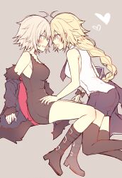  2girls ahoge bare_shoulders belt black_belt black_boots black_bow black_dress black_necktie black_thighhighs blonde_hair blue_eyes blue_jacket blue_shorts blush boots bow braid breasts collared_shirt commentary dress dual_persona fate/grand_order fate_(series) feet_out_of_frame fingernails from_side full_body fur-trimmed_jacket fur-trimmed_sleeves fur_trim grey_background grey_hair hair_between_eyes hair_bow heart jacket jacket_partially_removed jeanne_d'arc_(fate) jeanne_d'arc_(girl_from_orleans)_(fate) jeanne_d'arc_alter_(fate) jeanne_d'arc_alter_(ver._shinjuku_1999)_(fate) kvlen large_breasts long_hair long_sleeves looking_at_another low-braided_long_hair low-tied_long_hair multiple_girls necktie open_clothes open_jacket open_mouth pale_skin pink_jacket purple_jacket selfcest shirt short_dress short_hair short_shorts shorts sidelocks simple_background single_braid sitting sleeveless sleeveless_dress smile sweatdrop thigh-highs two-sided_fabric two-sided_jacket untranslatable_commentary very_long_hair white_shirt yellow_eyes yuri 