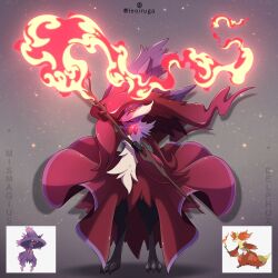  1other animal_ears black_fur character_name closed_mouth colored_sclera commentary commission delphox english_commentary fire fox_ears full_body furry fusion gem glowing glowing_eyes grey_background hat highres holding holding_stick leoiruga looking_at_viewer mismagius multicolored_fur official_art_inset other_focus pokemon pokemon_(creature) purple_fur red_eyes red_fur red_gem red_hat red_skirt simple_background skirt snout solo standing stick yellow_fur yellow_sclera 