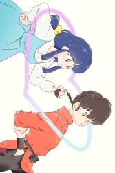  1boy 1girl black_wrist_cuffs blue_dress blue_hair braid brown_eyes brown_hair chinese_clothes closed_mouth commentary_request dress frown fuurinkan_high_school_uniform grabbing_another's_hair highres holding_another's_hair long_hair punch121ykk ranma_1/2 saotome_ranma school_uniform sideways single_braid tendou_akane wrist_cuffs 