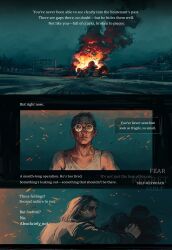  2boys azzz_6687 black_hair blazer brown_hair burning buzz_cut car_crash disco_elysium embers english_text fire green_jacket harry_du_bois highres jacket kim_kitsuragi male_focus mullet multiple_boys one_eye_closed round_eyewear short_hair tank_top very_short_hair white_tank_top 