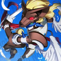  blonde_hair blue_background brown_armor brown_helmet commentary_request digimon digimon_(creature) duftmon feathered_wings feathers green_eyes helmet highres holding holding_sword holding_weapon long_hair maplo simple_background solo sword weapon white_feathers white_wings wings 