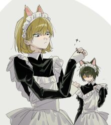  ... 2boys :/ androgynous animal_ears apron arm_up black_dress black_eyes blunt_ends cat_boy cat_ears closed_mouth collared_shirt commentary_request crossdressing crossdressing_(mtf) death_note dress enmaided frilled_apron frills goggles highres maid maid_apron maid_headdress male_focus male_maid matt_(death_note) mello_(death_note) multiple_boys shirt sleeves_past_wrists sweatdrop tinted_eyewear white_apron wing_collar x_u6_6u_x yellow-tinted_eyewear 