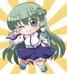  1girl ;> bare_shoulders blue_shoes blue_skirt blush breasts chibi chibi_only closed_mouth collared_shirt commentary_request detached_sleeves frilled_skirt frills frog_hair_ornament full_body hair_ornament hair_tubes hand_up highres kochiya_sanae large_breasts long_sleeves looking_at_viewer one_eye_closed rokugou_daisuke shirt shoes signature single_hair_tube single_sidelock skirt sleeveless sleeveless_shirt smile snake_hair_ornament socks solo standing sunburst sunburst_background touhou v white_shirt white_sleeves white_socks wide_sleeves yellow_background 