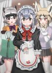  3girls alternate_costume animal_ears apron black_dress blonde_hair blush bow bowtie brown_eyes brown_hair brown_skirt crab-eating_raccoon_(kemono_friends) dress enmaided extra_ears fox_ears fox_girl fox_tail frilled_apron frills green_eyes grey_hair hikari_(kemono_friends) jacket japari_symbol kemono_friends kemono_friends_3 long_sleeves maid maid_headdress multicolored_hair multiple_girls orange_jacket pink_shirt pleated_skirt purple_bow purple_bowtie raccoon_ears raccoon_girl raccoon_tail red_bow red_bowtie rueppell&#039;s_fox_(kemono_friends) safari_jacket shirt short_hair sidelocks skirt tail thigh-highs white_apron white_thighhighs yellow_bow yellow_bowtie yellow_shirt yumeumi_sousaku zettai_ryouiki 