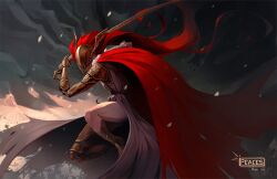  1girl armor cape commentary elden_ring english_commentary helmet highres holding holding_sword holding_weapon long_hair malenia_blade_of_miquella mechanical_arms peaceablecolt prosthesis prosthetic_arm red_cape red_hair solo sword weapon winged_helmet 