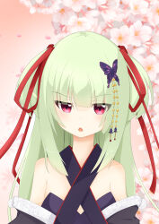  1girl absurdres armpit_crease bare_shoulders black_kimono blunt_bangs blunt_ends blush breasts butterfly_hair_ornament cherry_blossoms commentary criss-cross_halter eyes_visible_through_hair frown green_hair hair_between_eyes hair_ornament hair_ribbon halterneck highres hime_cut japanese_clothes kimono long_hair long_ribbon looking_at_viewer murasame_(senren) open_mouth pink_background pom_pom_(clothes) red_eyes red_ribbon ribbon senren_banka sidelocks simple_background small_breasts solo straight_hair two_side_up upper_body v-shaped_eyebrows yuyunatsuki 