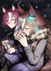  2girls akigiri_pp animal_ears black_coat blush brown_eyes brown_hair closed_mouth coat cup drinking eyepatch hair_between_eyes hair_over_one_eye highres holding holding_cup holding_thermos horse_ears horse_girl horse_tail jacket long_hair long_sleeves multicolored_hair multiple_girls on_bench pleated_skirt purple_skirt purple_thighhighs scarf school_uniform shirt short_hair sitting skirt steaming_cup streaked_hair tail tanino_gimlet_(umamusume) thermos thigh-highs tracen_school_uniform umamusume vodka_(umamusume) white_hair winter_clothes winter_coat yellow_eyes 
