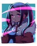  1girl black_hair cigarette fur_collar highres jill_stingray long_hair long_sleeves looking_at_viewer necktie pink_eyes purple_hair red_necktie smoking solo swept_bangs twintails umenodo va-11_hall-a 