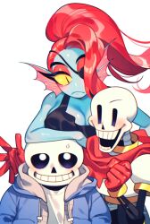  1girl 2boys alternate_breast_size_(larger) blush cape commentary_request fins fish_girl gloves head_fins jacket multiple_boys nndm_urushi papyrus_(undertale) red_hair sans_(undertale) skeleton undertale undyne utdr_(toby_fox) 