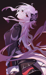  1girl absurdres black_background black_dress black_flower breasts commentary_request dress evernight_(honkai:_star_rail) floating_hair flower from_side gradient_hair hair_flower hair_ornament hairclip head_back highres honkai:_star_rail honkai_(series) kurihara_junichi long_hair long_sleeves looking_at_viewer march_7th_(honkai:_star_rail) medium_breasts multicolored_hair parallel_hairclips parted_lips pink_hair red_background red_eyes simple_background smile solo upper_body very_long_hair 
