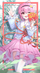  1girl absurdres ahoge black_hairband blue_shirt blurry border buttons chinese_commentary commentary_request depth_of_field eyeball floral_print frilled_shirt_collar frills hair_ornament hairband heart heart_button heart_hair_ornament highres hongbao inset_border komeiji_satori long_sleeves looking_at_viewer one_eye_closed open_mouth orangeizumi pink_hair pink_skirt plant print_skirt red_border red_eyes rose_print shirt skirt smile thigh-highs third_eye touhou waving white_thighhighs wide_sleeves 