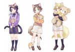  3boys aged_down animal_ears ayame_(3103942) black_hair black_shirt black_shorts black_socks blonde_hair blue_eyes blush bow bowtie brown_footwear brown_hair brown_sweater_vest cat cat_boy cat_ears cat_tail closed_eyes commentary full_body loafers long_hair long_sleeves luca_kaneshiro male_focus multiple_boys mysta_rias nijisanji nijisanji_en orange_shirt parted_bangs pink_hair ponytail purple_bow purple_bowtie purple_shirt purple_sweater_vest shirt shoes shorts shu_yamino simple_background socks stuffed_animal stuffed_toy sweater_vest symbol-only_commentary tail teddy_bear violet_eyes white_background white_shorts white_socks 