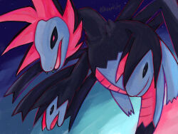  black_sclera colored_sclera commentary_request fangs highres hydreigon looking_ahead no_humans open_mouth pokemon pokemon_(creature) red_eyes shirayuki_hy solo star_(sky) 