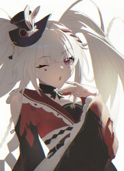  1girl argyle_clothes backlighting bare_shoulders black_choker black_hat black_kimono black_sash blunt_bangs braid chain choker clothing_cutout coin collarbone cropped_torso diamond_(shape) diamond_facial_mark english_commentary eyelashes facial_mark fingernails frills gold_chain gold_coin hand_up hat hat_ornament hat_with_ears heart heart_facial_mark highres honkai:_star_rail honkai_(series) japanese_clothes kimono long_hair long_sleeves looking_at_viewer mini_hat monochrome multicolored_hair one_eye_closed open_mouth pink_eyes rabbit_ear_hat red_hair red_kimono sash shoulder_cutout side_braid simple_background single_braid solo sparkle_(honkai:_star_rail) sparxie_(honkai:_star_rail) streaked_hair thorn_(kmconceptart) tongue twintails two-tone_kimono upper_body white_background white_hair wide_sleeves 