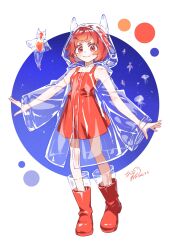  1girl absurdres air_bubble blue_background boots bubble commentary_request creature_and_personification dress fangs highres hood hood_up jellyfish looking_at_viewer medium_hair naim0n0nedari original outstretched_arms personification raincoat red_boots red_dress red_eyes red_hair rubber_boots sea_angel see-through_body see-through_clothes see-through_raincoat signature skin_fangs solo spread_arms tentacles thick_eyebrows two-tone_background watermark wavy_mouth white_background 