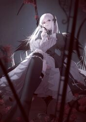  1girl absurdres black_dress black_feathers black_socks black_wings bloomers blunt_bangs blurry blurry_foreground chinese_commentary commentary_request crossed_legs detached_collar dress feathers feet_out_of_frame flower frilled_dress frilled_sleeves frilled_socks frills from_below full_body gothic_lolita hairband highres himiakira holding holding_feather kneehighs lolita_fashion lolita_hairband long_hair long_sleeves looking_at_viewer pile_of_skulls puffy_sleeves red_eyes rose rozen_maiden sitting smile socks solo suigintou white_hair wings 