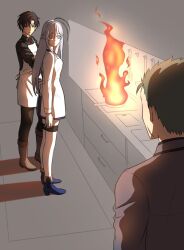  1girl 2boys 86_-eightysix- antenna_hair apron black_jacket blue_shoes blue_skirt boots brown_eyes brown_hair chika_0086 chocolate_making_disaster_(meme) collared_jacket commentary_request drawer fire frying_pan grey_eyes grey_jacket high_heels indoors jacket kitchen ladle long_hair meme multiple_boys necktie raiden_shuga red_necktie shinei_nouzen shoes short_hair skirt spatula thigh-highs vladilena_millize white_apron white_hair wing_collar 