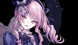  1other akiyama_mizuki black_wrist_cuffs collared_dress commentary_request dress drill_hair drill_ponytail drill_sidelocks frilled_hat frills gem grey_ribbon hat hat_ribbon high_side_ponytail lace-trimmed_wrist_cuffs lace_trim looking_at_viewer medium_hair minasoko_ni_kage_wo_sagashite_(project_sekai) official_alternate_costume official_alternate_hair_ornament open_mouth other_focus pearl_(gemstone) pink_eyes pink_hair pipi_(pipinavigation) ponytail portrait project_sekai purple_dress purple_hat ribbon side_ponytail sidelocks solo sparkle teeth tongue upper_body upper_teeth_only wrist_cuffs 