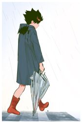  1boy 6_3yu0 black_hair blue_coat boots coat crosswalk haikyuu!! highres holding holding_umbrella kuroo_tetsurou long_sleeves male_focus rain raincoat red_boots rubber_boots short_hair solo spiky_hair umbrella walking wet wet_clothes white_background 