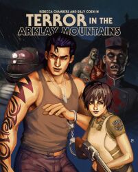  1boy 1girl 2others absurdres arm_tattoo assault_rifle billy_coen black_hair brown_hair character_name check_copyright copyright_request cuffs dog_tags english_text green_shirt gun hair_slicked_back handcuffs highres holding holding_gun holding_weapon jewelry looking_at_viewer multiple_others muscular muscular_male necklace night princerevenant rain rebecca_chambers resident_evil resident_evil_0 rifle s.t.a.r.s._uniform shirt short_hair tattoo train vest weapon white_vest zombie 