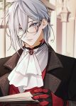  1boy ascot black_jacket book facial_tattoo formal fulgur_ovid glasses grey_eyes grey_hair hair_between_eyes highres jacket kiyukyuu male_focus mechanical_arms nijisanji nijisanji_en single_mechanical_arm solo tattoo virtual_youtuber 