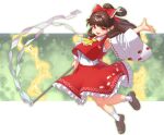  1girl :d armpits blunt_bangs blush bow brown_hair creape detached_sleeves frilled_hair_tubes frills full_body gohei hair_bow hair_tubes hakurei_reimu highres holding holding_stick long_hair looking_at_viewer open_mouth outstretched_arm paw_print red_bow red_eyes red_skirt red_vest skirt skirt_set smile solo stick touhou unfinished_dream_of_all_living_ghost vest 