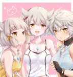  3girls animal_ear_fluff animal_ears bare_shoulders black_gloves blunt_bangs blush border breasts cat_ears chest_jewel closed_mouth collarbone commentary_request core_crystal_(xenoblade) facial_mark fingerless_gloves gem gloves grey_hair hair_between_eyes height_difference highres looking_at_viewer medium_breasts mio_(xenoblade) multiple_girls na&#039;el_(xenoblade) neck_tattoo nia_(xenoblade) open_mouth outside_border pink_background shirt short_hair sleeveless sleeveless_shirt small_breasts smile swept_bangs tank_top tattoo trait_connection ui_frara white_border white_shirt white_tank_top xenoblade_chronicles_(series) xenoblade_chronicles_2 xenoblade_chronicles_3 xenoblade_chronicles_3:_future_redeemed yellow_eyes yellow_shirt 