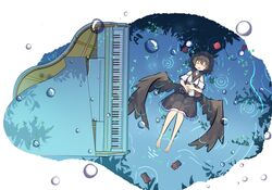  1girl afloat bare_legs bare_shoulders barefoot bird_wings black_hair black_skirt black_wings closed_eyes commentary deemo facing_viewer feathered_wings frilled_skirt frills from_above grand_piano hat hat_removed headwear_removed highres instrument low_wings lying medium_hair on_back open_mouth outdoors own_hands_together piano pom_pom_(clothes) primsla reflection ripples sandals sandals_removed shameimaru_aya shirt short_sleeves skirt solo tokin_hat touhou water water_drop white_shirt wide_shot wings 