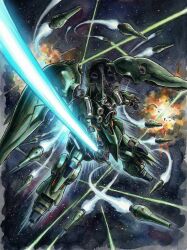  absurdres artist_request beam_cannon contrail energy_sword explosion funnels_(gundam) gundam gundam_unicorn highres kshatriya mecha mecha_focus mobile_armor mobile_suit nebula neo_zeon no_humans one-eyed realistic robot scan science_fiction shield space star_(sky) sword thrusters traditional_media war weapon zero_gravity 
