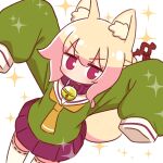  1girl animal_ear_fluff animal_ears arms_up bell blonde_hair blush brown_collar collar commentary_request fox_ears fox_girl fox_tail green_shirt hair_between_eyes hair_bun hair_ornament highres jingle_bell kemomimi-chan_(naga_u) long_sleeves looking_at_viewer naga_u neck_bell original pleated_skirt purple_skirt ribbon-trimmed_legwear ribbon_trim sailor_collar shirt simple_background skirt sleeves_past_fingers sleeves_past_wrists solo sparkle standing tail thigh-highs v-shaped_eyebrows violet_eyes white_background white_sailor_collar white_thighhighs 