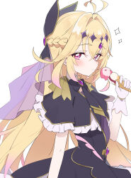  1girl absurdres antenna_hair black_bow black_bowtie black_capelet black_dress blonde_hair blush bow bowtie braid brooch capelet closed_mouth commentary crossed_bangs cure_arcana_shadow diamond_hairband dress expressionless food forehead_jewel frilled_capelet frills gem gloves gold_trim gradient_hair hair_between_eyes hair_bow half_up_braid heart heart_brooch heart_in_eye highres holding holding_food holding_ice_cream holding_ice_cream_cone ice_cream ice_cream_cone jewelry long_hair looking_at_viewer magical_girl medium_dress meitantei_precure! moria_luluka multicolored_hair multiple_scoops panda060 pink_eyes pink_hair precure purple_gem purple_veil simple_background sleeveless sleeveless_dress solo sparkle symbol_in_eye two-tone_hair upper_body veil very_long_hair white_background white_gloves 