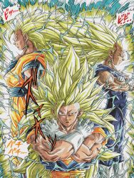  3boys aura blonde_hair blue_bodysuit blue_boots blue_halo blue_sash blue_shirt bodysuit boots crossed_arms dougi dragon_ball dragon_ball_z earrings electricity gloves green_eyes group_picture halo highres hiro_(udkod1ezlyi2flo) jewelry long_hair male_focus multiple_boys no_eyebrows official_alternate_color orange_pants orange_sash orange_shirt pants potara_earrings sash shirt smirk son_goku spiky_hair super_saiyan super_saiyan_3 traditional_halo vegeta vegetto white_boots white_gloves 