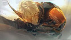  1boy absurdres blonde_hair closed_eyes crying highres holding_hands kamui_(pgr) kneeling mechanical_arms mechanical_spine official_art punishing:_gray_raven tile_floor tiles 