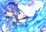  1girl bare_shoulders blue_bodysuit blue_eyes blue_fire blue_gloves blue_hair bodysuit elbow_gloves fire gloves hair_between_eyes highres kazanari_tsubasa long_hair mate_(oktavia1121) senki_zesshou_symphogear senki_zesshou_symphogear_xv white_gloves 