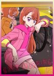  1boy 1girl asymmetrical_bangs bracelet brown_hair car_interior good_morning hijiri_ageha hirogaru_sky!_precure hood hoodie jacket jacket_over_hoodie jewelry kamikita_futago long_hair official_art open_clothes open_jacket orange_hair pink_hoodie pink_jacket pink_skirt precure red_eyes ring sitting skirt violet_eyes yellow_jacket yuunagi_tsubasa 