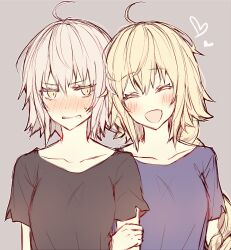  2girls ahoge black_shirt blonde_hair blush braid breasts closed_eyes collarbone commentary cropped_torso dual_persona eyelashes fate/grand_order fate_(series) grey_background grey_hair hair_between_eyes hand_on_another's_arm hand_up happy heart jeanne_d'arc_(fate) jeanne_d'arc_alter_(fate) kvlen long_hair looking_at_another low-braided_long_hair low-tied_long_hair medium_breasts multiple_girls open_mouth purple_shirt school_uniform selfcest shirt short_hair short_sleeves sidelocks simple_background single_braid smile sweatdrop teeth untranslatable_commentary upper_body v-shaped_eyebrows yellow_eyes yuri 