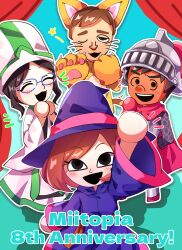  2boys 2girls :3 :d absurdres animal_costume animal_ears anniversary aqua_background arm_up armor ball_hands black_eyes black_hair blue-framed_eyewear blue_hat blue_robe blush brown_hair cape cat_(miitopia) cat_boy cat_costume cat_ears chainmail claws cleric_(miitopia) closed_eyes commentary_request copyright_name curtains eyelashes fake_animal_ears glasses hand_on_own_hip hat helm helmet highres long_sleeves mage_(miitopia) mii_(nintendo) miitopia multiple_boys multiple_girls notice_lines one_eye_closed open_mouth outline red_cape rikka_natsu_27 robe shadow short_hair smile standing star_(symbol) thick_eyebrows warrior_(miitopia) whiskers white_hat white_outline white_robe witch_hat 