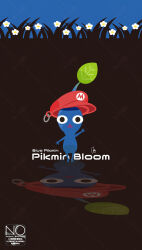  blue_pikmin blue_skin colored_skin commentary flower hat highres leaf looking_at_viewer meme_(sleepsheep) no_humans pikmin_(creature) pikmin_(series) pikmin_bloom red_hat super_mario_bros. triangle_mouth 