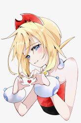  1girl bare_shoulders blonde_hair blue_eyes blush bracelet breasts cocoa_s3 commentary cropped_torso hair_between_eyes hairband heart heart_hands highres irida_(pokemon) jewelry looking_at_viewer neck_ring parted_lips pokemon pokemon_legends:_arceus red_hairband red_shirt shirt short_hair simple_background small_breasts smile solo strapless strapless_shirt untranslatable_commentary white_background 