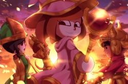  2boys 2girls absurdres arm_behind_back arm_up armor black_hair brown_hair cape cat_(miitopia) cleric_(miitopia) closed_eyes closed_mouth clouds commentary_request eyelashes fake_horns glasses gold_armor gold_helmet gold_trim golden_sword green_hat green_robe hat helmet highres holding holding_staff holding_sword holding_weapon horned_helmet horns looking_back mage_(miitopia) mage_staff mii_(nintendo) miitopia multiple_boys multiple_girls open_mouth outdoors red_cape rikka_natsu_27 robe short_hair sky smile staff stretching sword thick_eyebrows warrior_(miitopia) weapon white_hat white_robe 