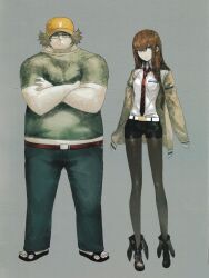  1boy 1girl arm_belt baseball_cap belt belt_buckle black_boots black_pantyhose black_shorts blue_pants boots breast_pocket breasts brown_hair brown_jacket buckle collared_shirt crossed_legs dress_shirt fat fat_man flip-flops full_body game_cg green_shirt hair_between_eyes hair_over_shoulder hashida_itaru hat highres huke jacket jacket_partially_removed leather_belt makise_kurisu midriff necktie non-web_source official_art pants pantyhose pantyhose_under_shorts pocket purple_trim red_belt red_necktie sandals science_adventure shirt short_sleeves shorts small_breasts smile standing steins;gate t-shirt tachi-e unamused violet_eyes white_belt white_shirt yellow_hat 